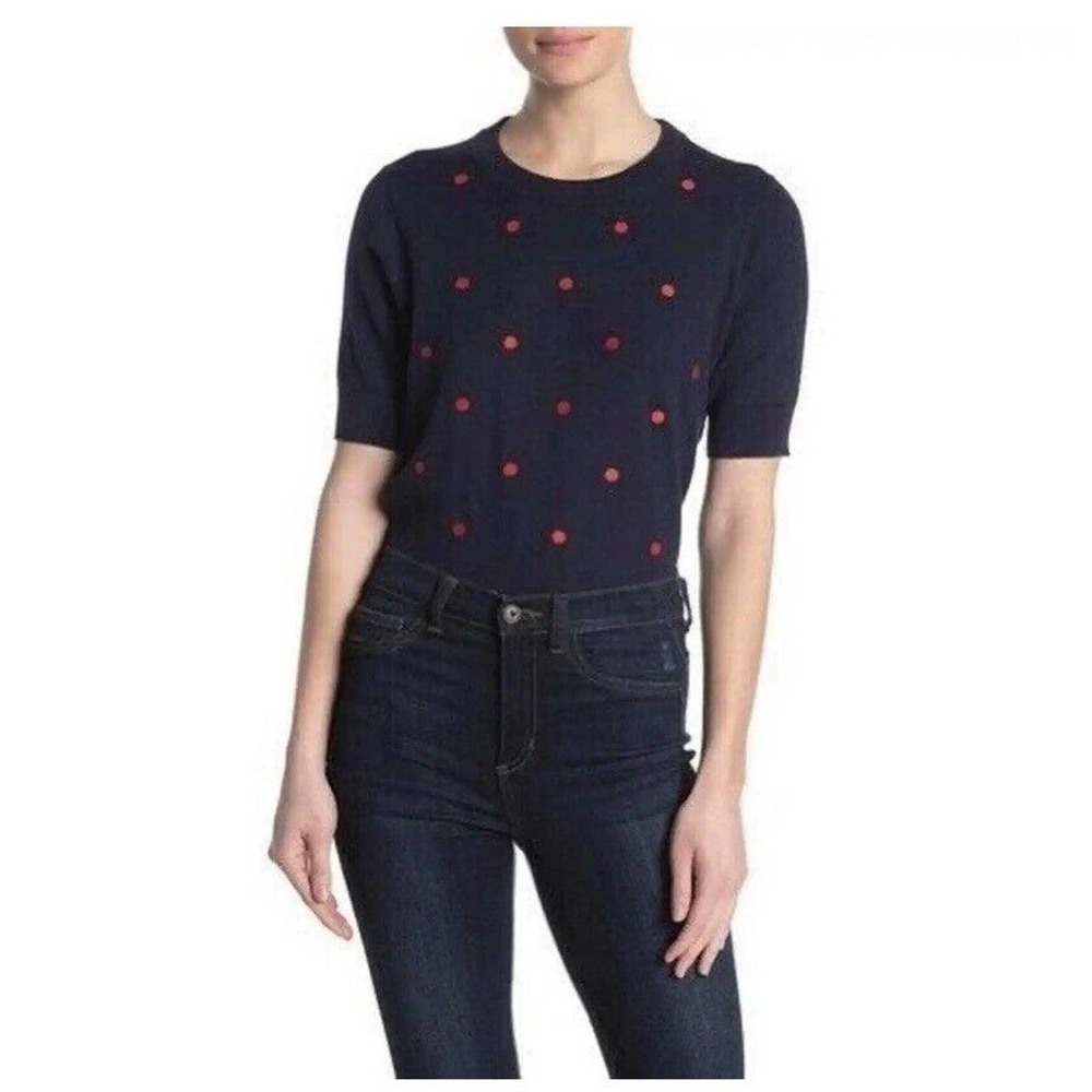 J.Crew Rack Dotted Short Sleeve Sweater NWOT Small Navy Blue M2371 Cotton